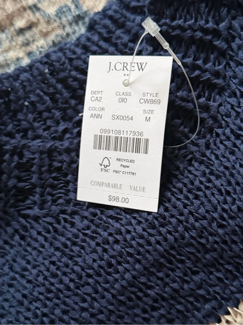 J. Crew Navy and Natural Striped Tape Yarn Crewneck Sweater